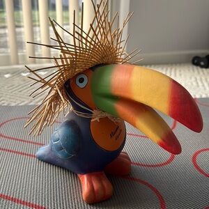 hand-painted clay pottery Toucans with straw hat toppers
